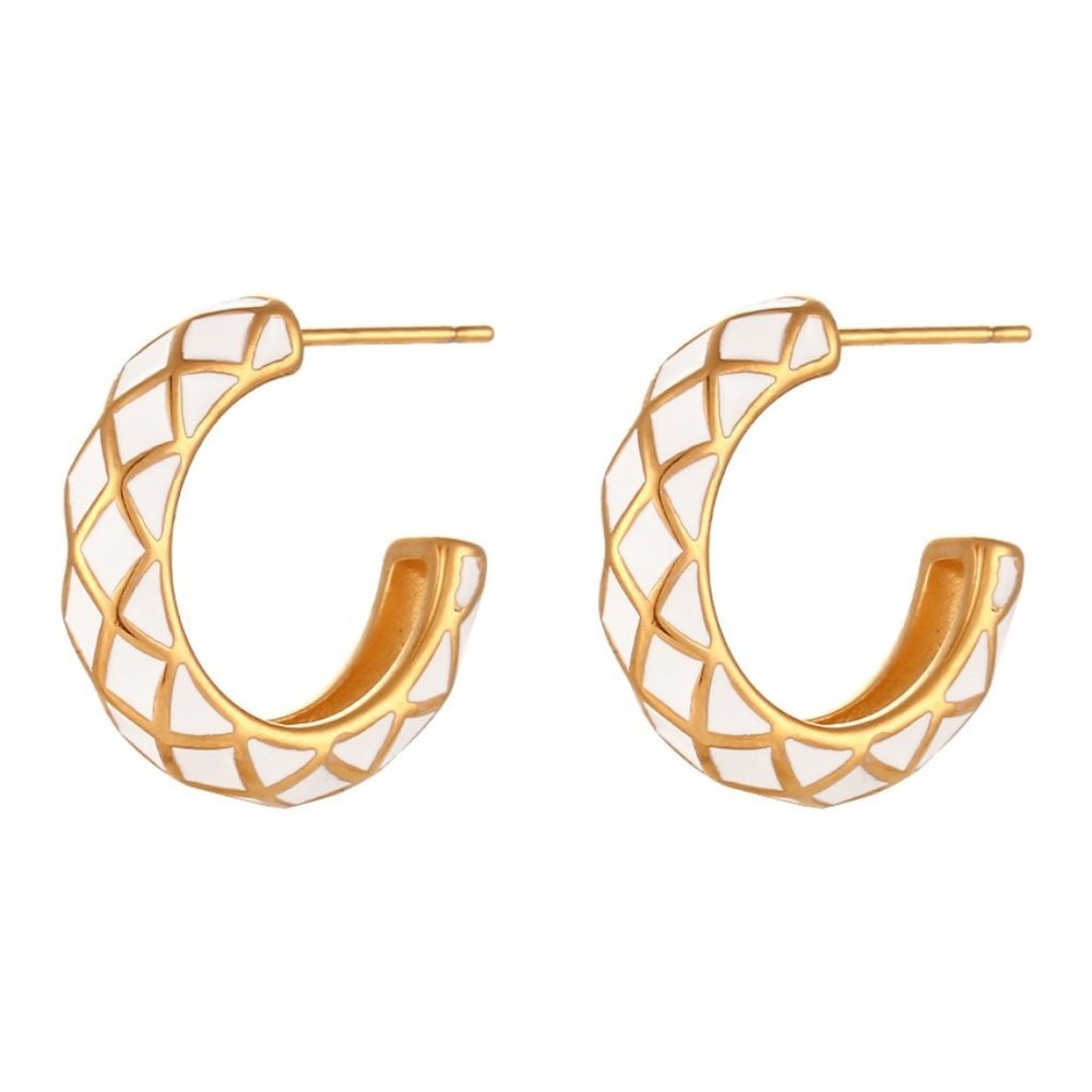 White Geometric Pattern Hoop Earrings 18K Gold Plated Stainless‎